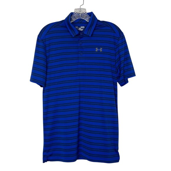 Under Armour Golf Polo Shirt Mens Small Blue Black Loose Fit Striped - Picture 1 of 6